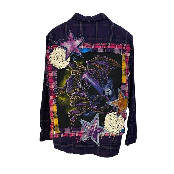 Upcycled Flannel Shirt Shacket Womens XL Dragon Grunge Purple Patchwork Folk Art - Picture 9 of 14